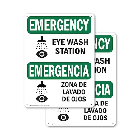 Signmission Eye Wash Station Bilingual, 18 in W x Rectangle, Aluminum OS-2PACK-EM-A-1824-L-10317